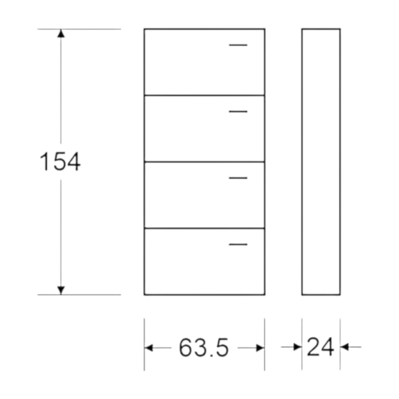 מידות ארון נעליים 4 תאים – גובה 154 ס"מ, רוחב 63.5 ס"מ, עומק 24 ס"מ